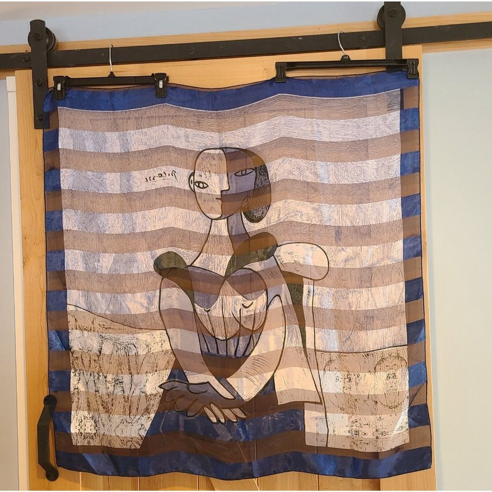 Pablo Picasso Painting of a Woman 39" Square Blue Sheer Silky Scarf Wrap - Picture 2 of 10